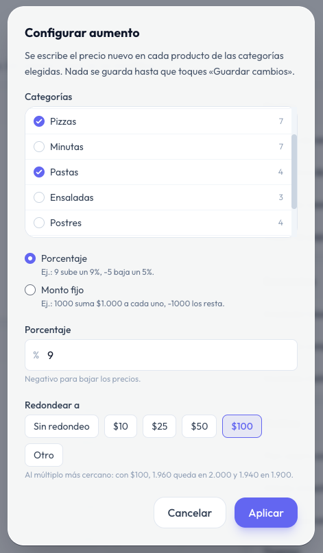 Ventana Configurar aumento con las categorías Pizzas y Pastas elegidas, Porcentaje 9 y Redondear a 100 pesos