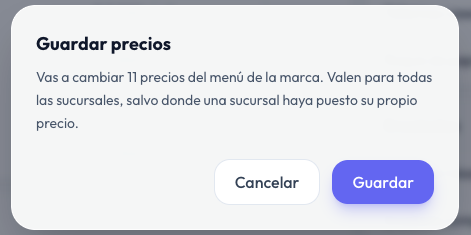Confirmación Guardar precios: vas a cambiar 11 precios del menú de la marca