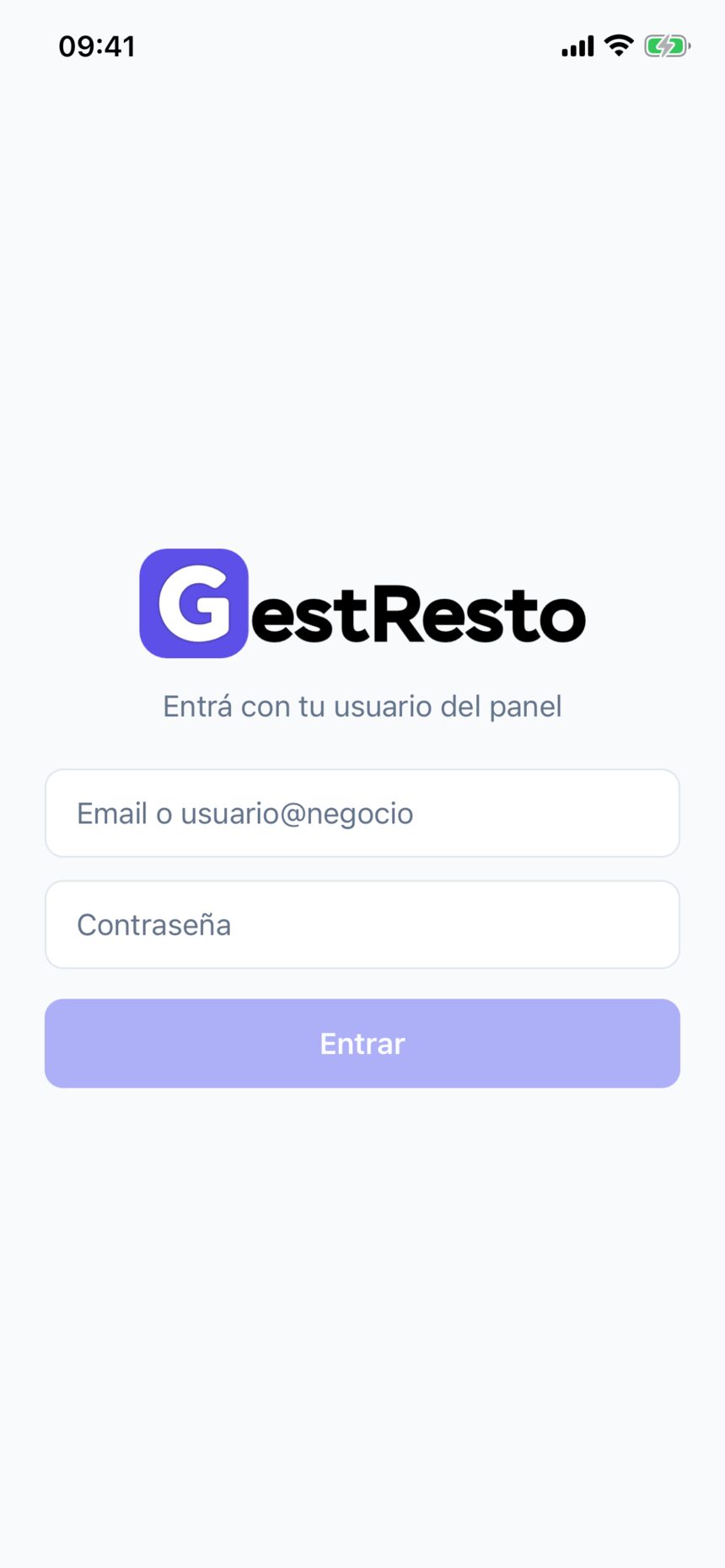 La pantalla de inicio de sesión de la app, con el logo de GestResto y los campos de usuario y contraseña
