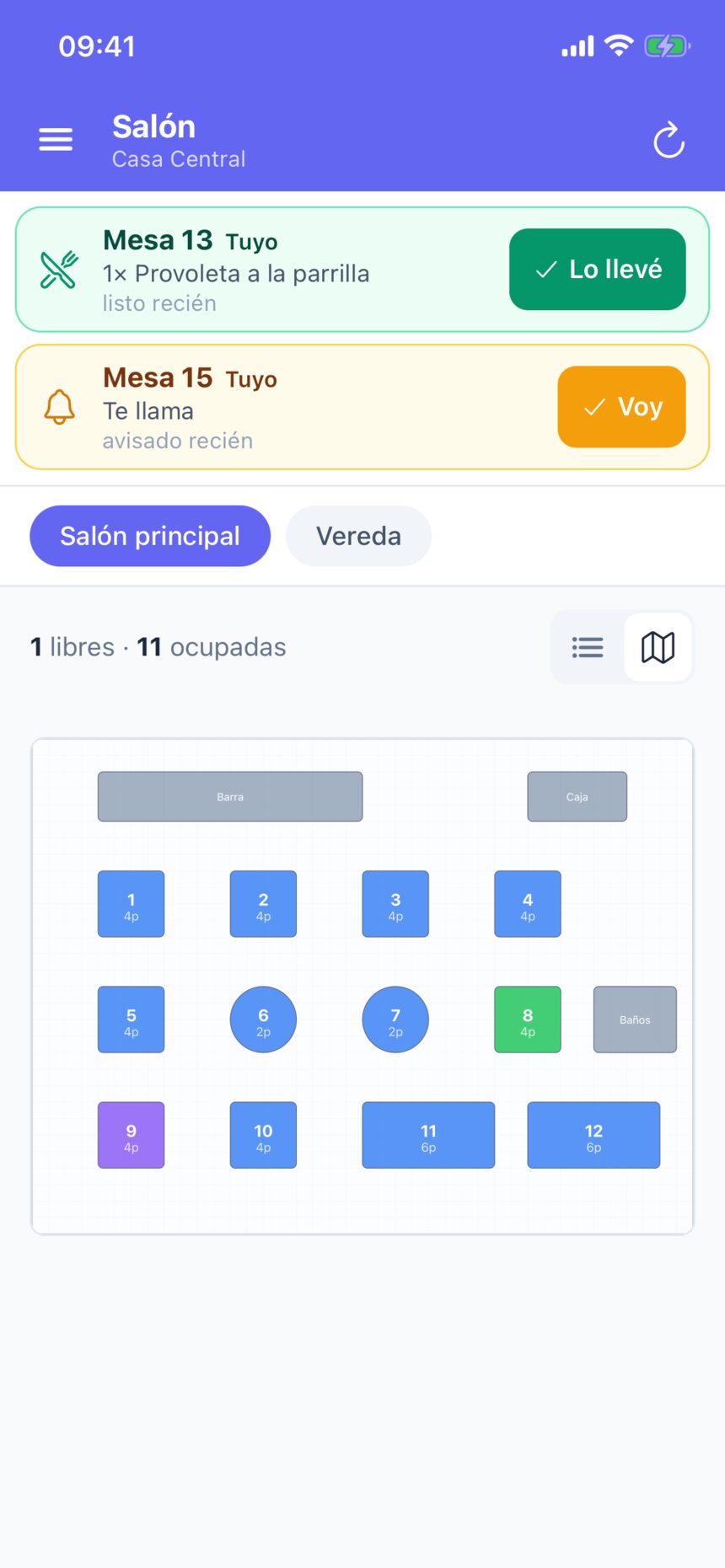 El plano del salón principal con la barra, la caja, los baños y doce mesas pintadas por estado