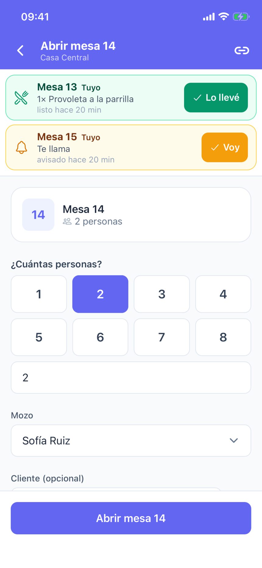 Abrir la mesa 14 con 2 personas elegidas y el mozo Sofía Ruiz ya cargado