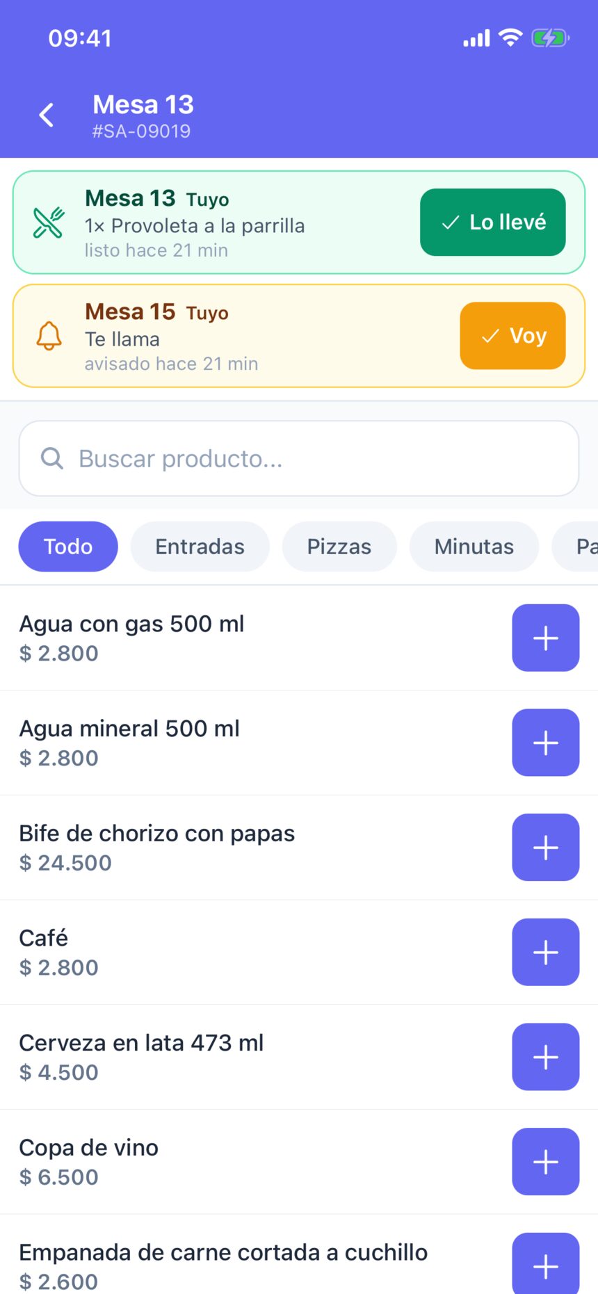 La carta con el buscador, las categorías Todo, Entradas, Pizzas y Minutas, y los productos con su precio y el botón más