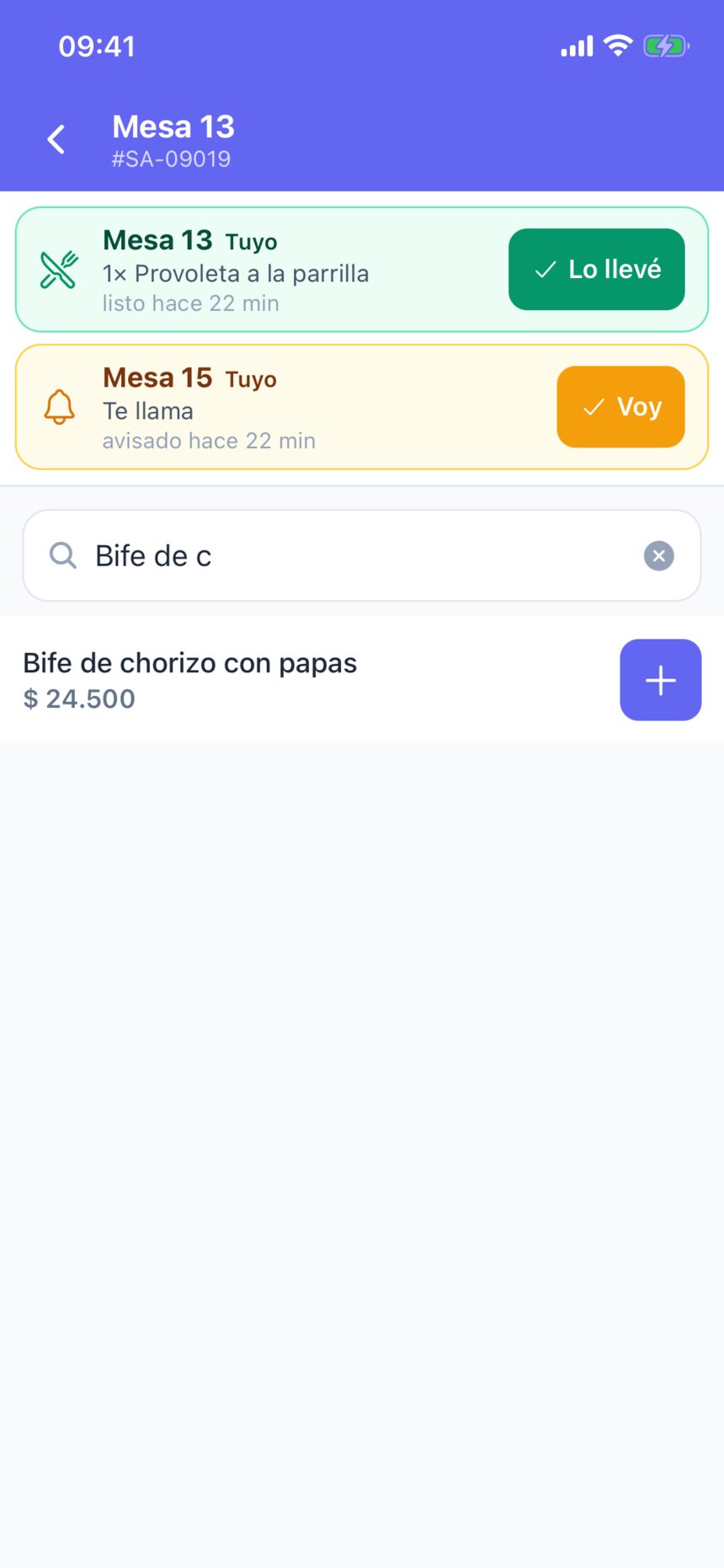 La carta filtrada escribiendo Bife de c en el buscador: queda sólo el Bife de chorizo con papas