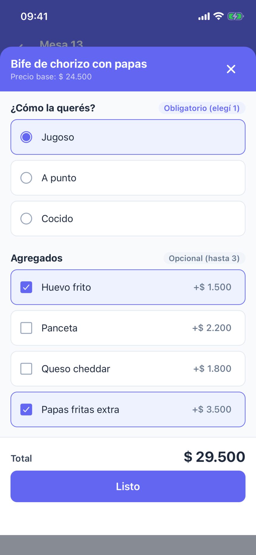 Las opciones del Bife de chorizo: Jugoso en el grupo obligatorio y Huevo frito y Papas fritas extra como agregados, con el total en 29.500 pesos