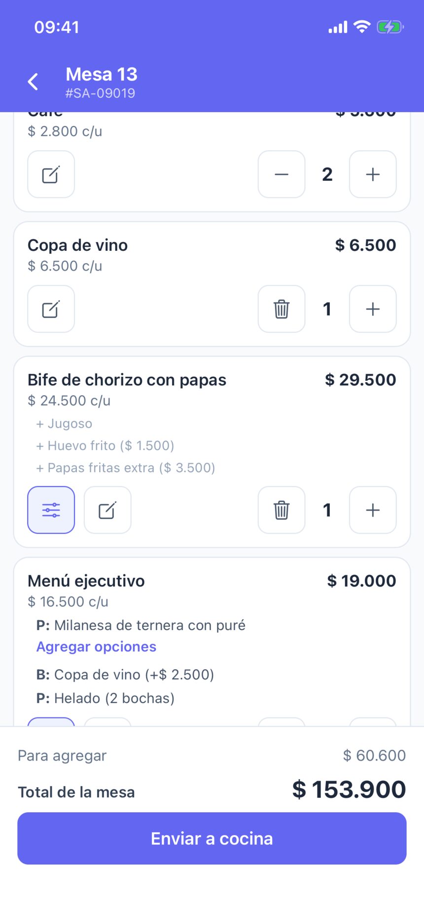 Lo nuevo para agregar a la mesa 13: cafés, una copa de vino, el bife con sus opciones y el menú ejecutivo, y el total de la mesa en 153.900 pesos