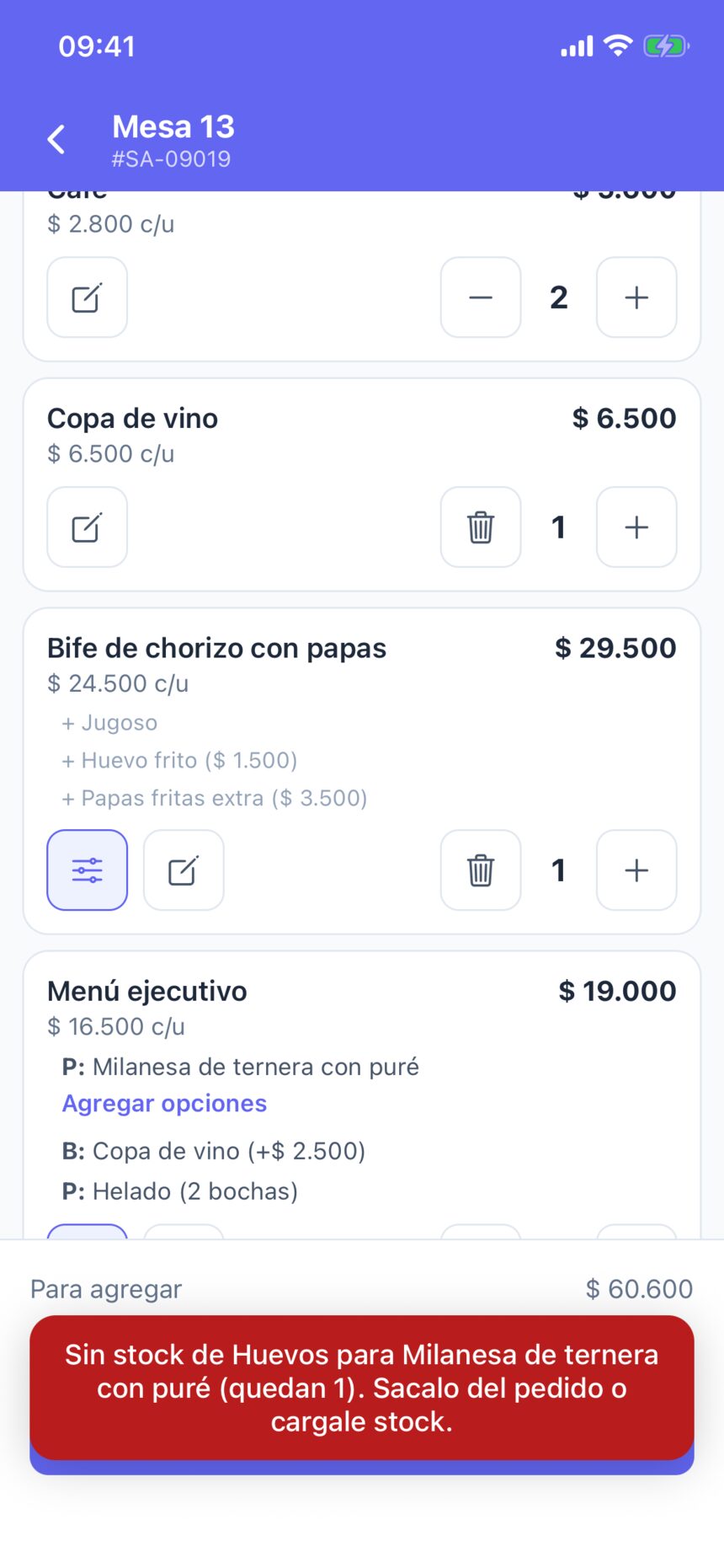 Aviso en rojo: sin stock de huevos para la milanesa de ternera con puré, sacalo del pedido o cargale stock