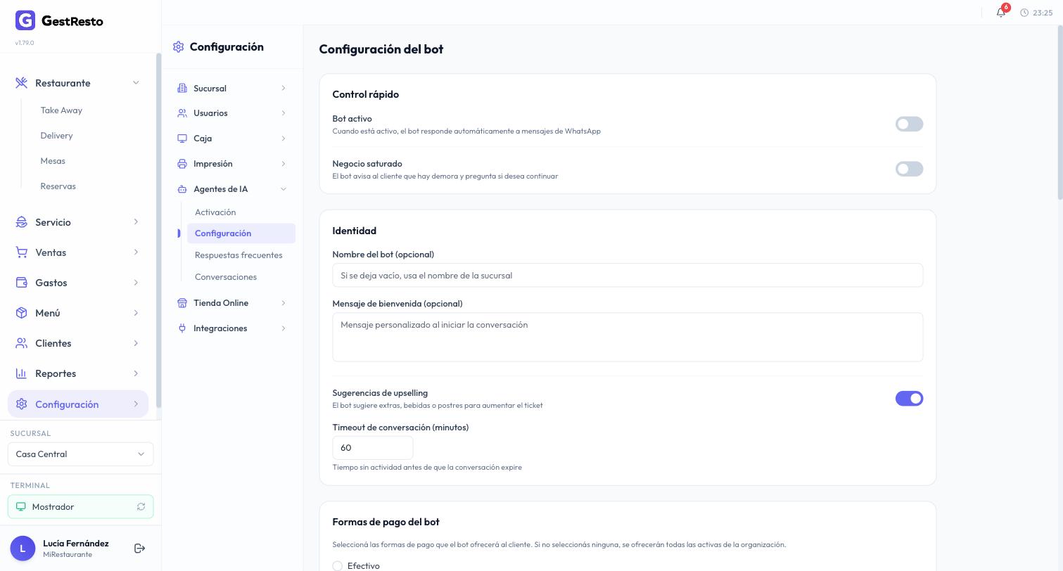 Configuración del bot con los interruptores Bot activo y Negocio saturado, la identidad y las sugerencias de upselling