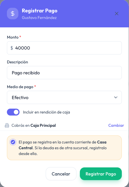Ventana Registrar Pago con 40.000 pesos en efectivo, incluido en la rendición de caja