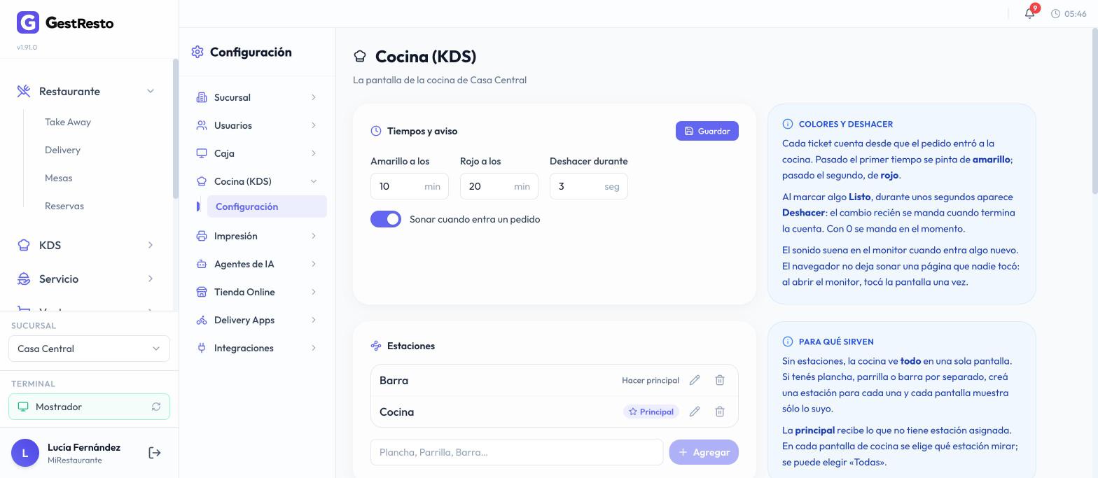 Configuración de la cocina: amarillo a los 10 minutos, rojo a los 20, deshacer durante 3 segundos, el sonido prendido, y las estaciones Barra y Cocina, con Cocina como principal