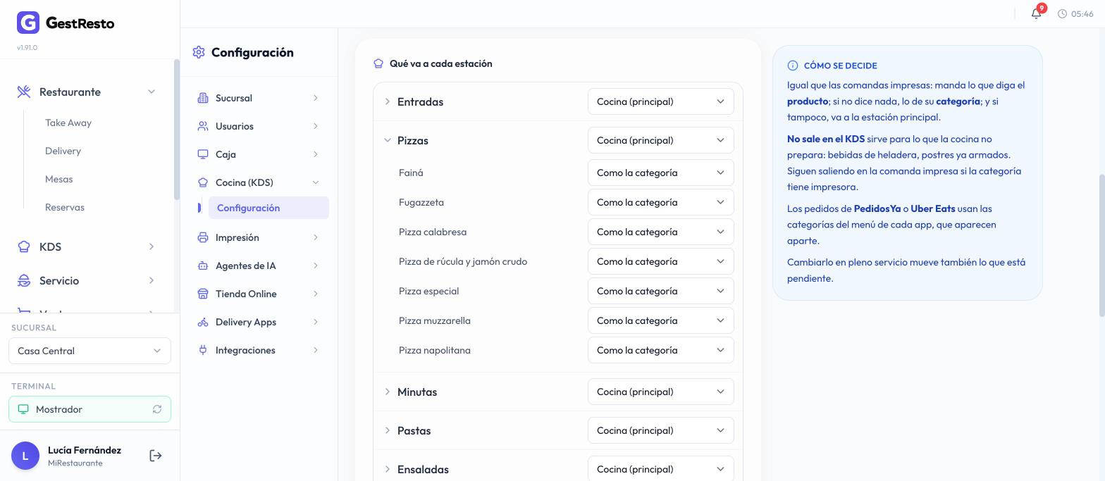 La lista de categorías con su estación; la categoría Pizzas abierta muestra sus productos, cada uno con la opción Como la categoría