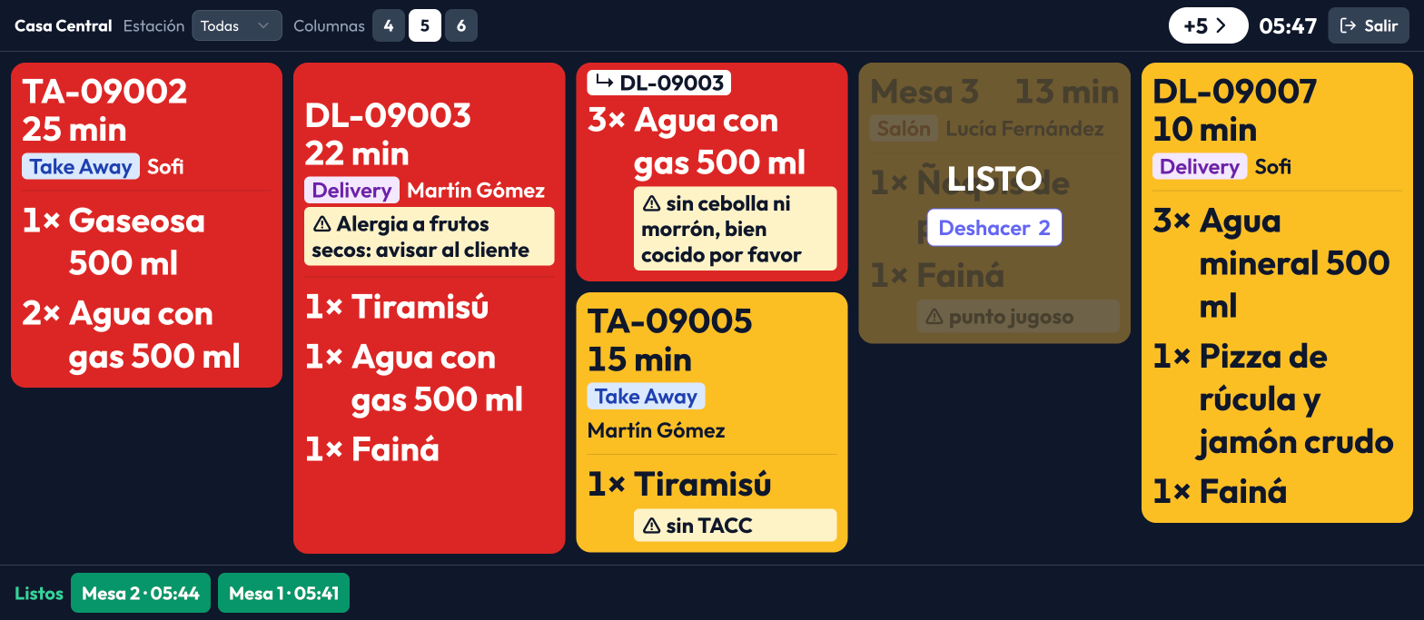 El pedido de la Mesa 3 marcado LISTO, con el botón Deshacer y 2 segundos para arrepentirse
