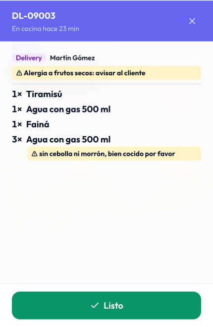 Un pedido abierto en Cocina Móvil con sus productos, la nota de alergia y el botón Listo al pie