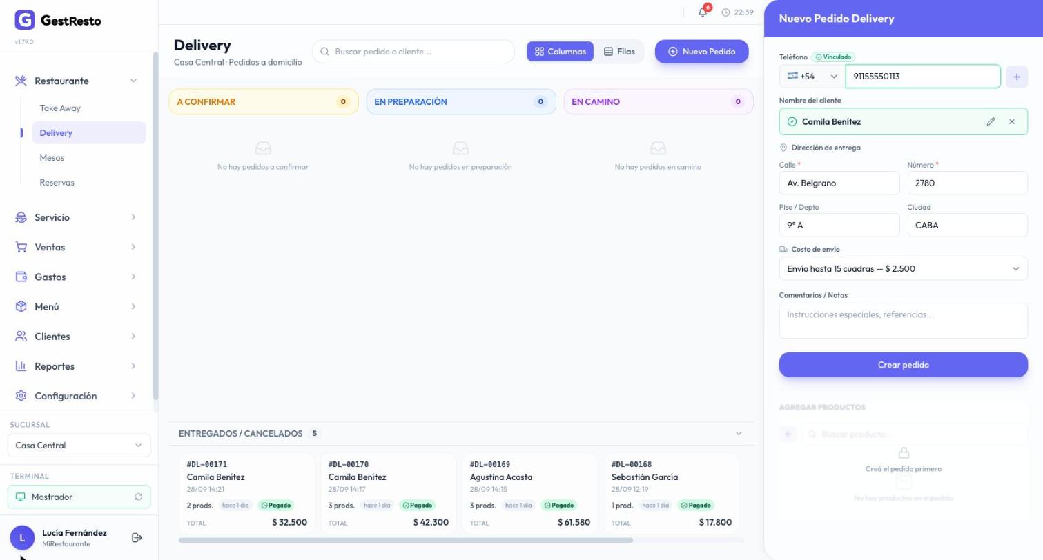 Panel Nuevo Pedido Delivery con la clienta vinculada, su dirección completa y el envío hasta 15 cuadras