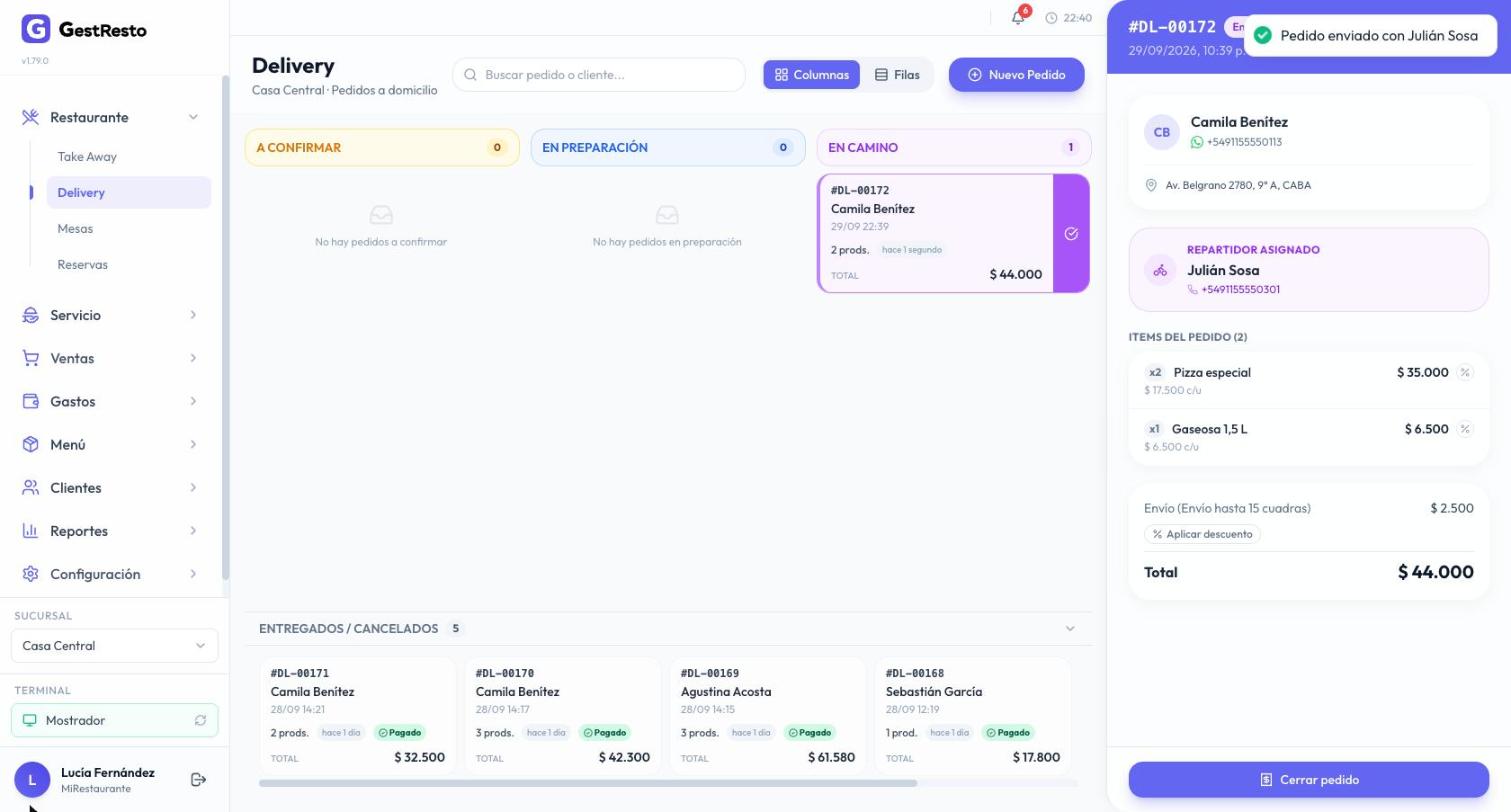 Tablero de Delivery con un pedido En camino y el detalle mostrando el repartidor asignado