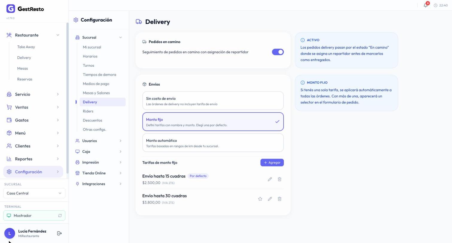 Configuración de Delivery con Pedidos en camino activado, Monto fijo elegido y dos tarifas
