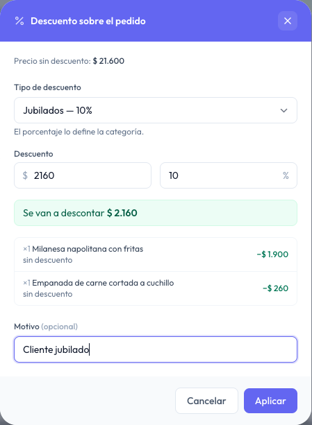 Ventana Descuento sobre el pedido con la categoría Jubilados al 10 por ciento, lo que se descuenta de cada producto y el motivo