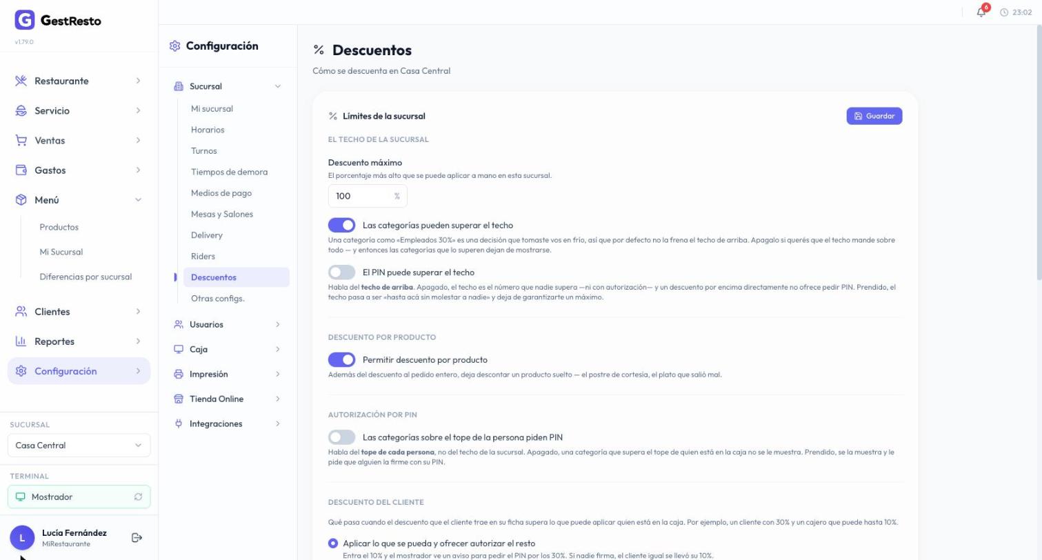 Configuración de Descuentos con el descuento máximo de la sucursal, si las categorías pueden superarlo, el descuento por producto y la autorización por PIN