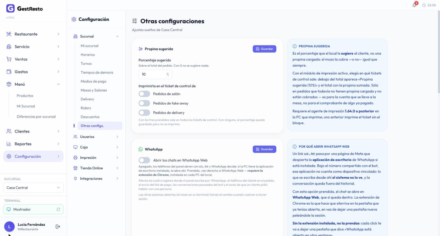 Otras configuraciones con la propina sugerida del 10 por ciento y en qué tickets de control imprimirla