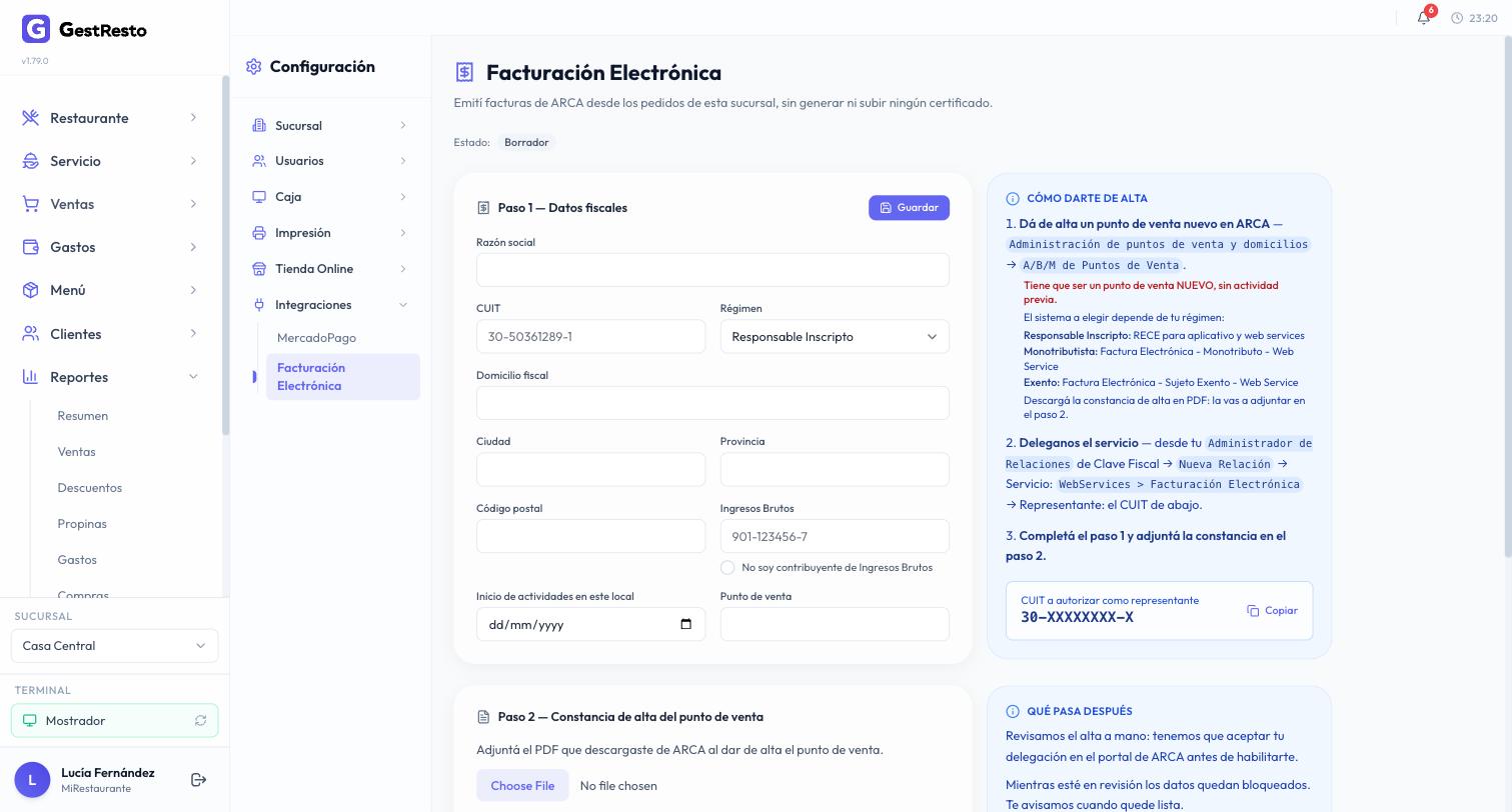 Pantalla Facturación Electrónica con el paso 1 de datos fiscales, las instrucciones para darse de alta en ARCA y el CUIT a autorizar como representante