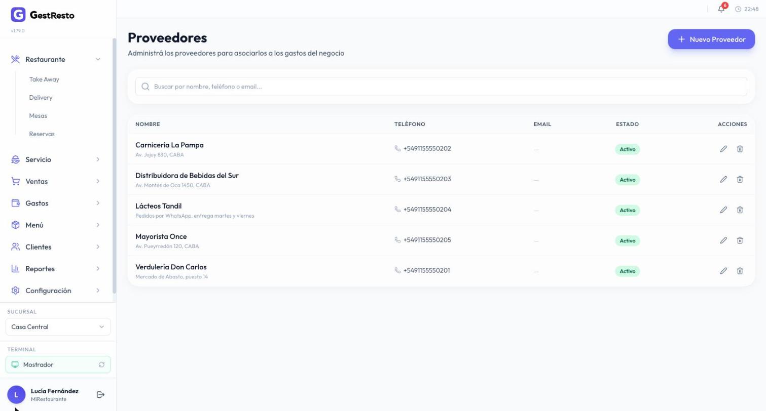 Lista de Proveedores con cinco proveedores activos, su teléfono y una nota