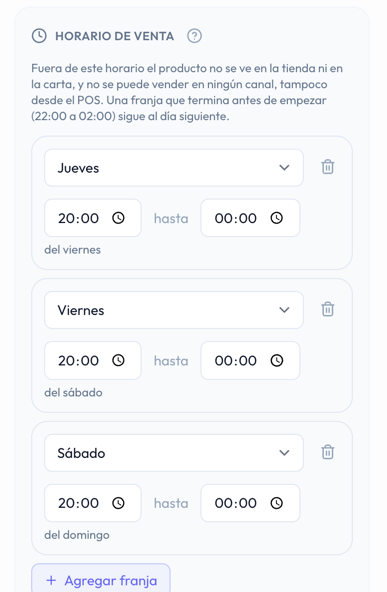 Horario de venta de la Tabla de fiambres: jueves, viernes y sábado de 20:00 a 00:00