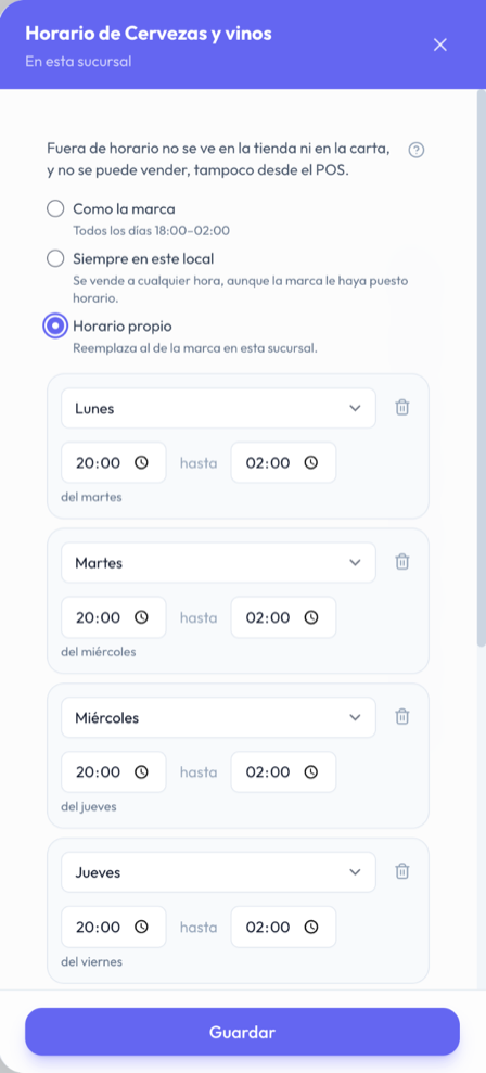 Panel Horario de Cervezas y vinos en esta sucursal, con Horario propio elegido: cada día de 20:00 a 02:00