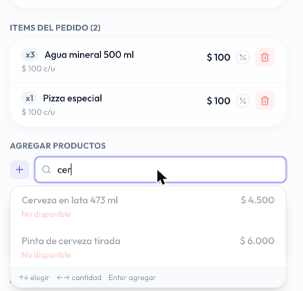 Buscador de productos de un pedido en el mostrador: Cerveza en lata y Pinta de cerveza tirada en gris, No disponible