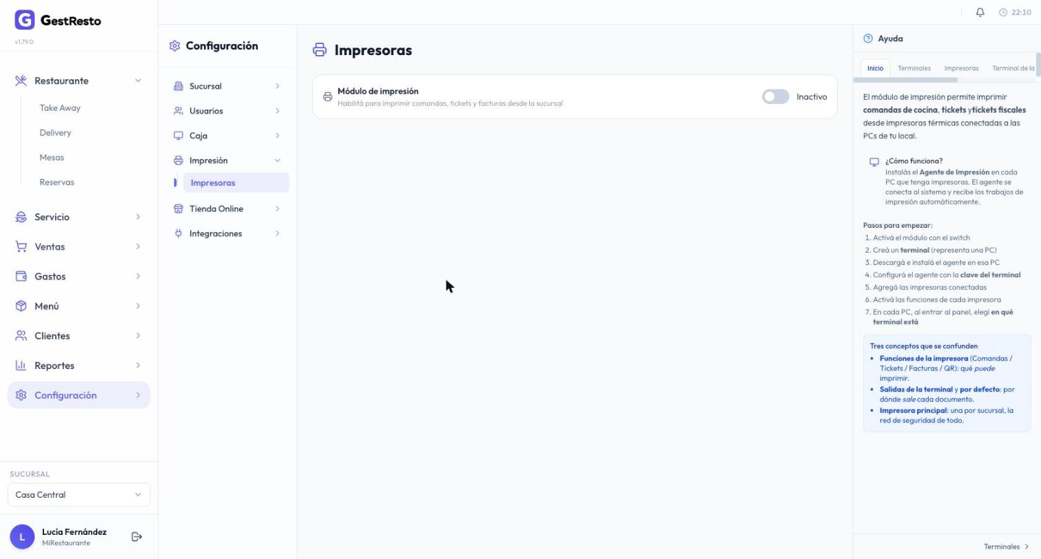 Pantalla Impresoras con el interruptor Módulo de impresión en Inactivo