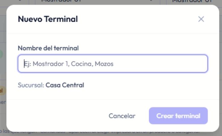 Ventana Nuevo Terminal con el campo Nombre del terminal y el botón Crear terminal