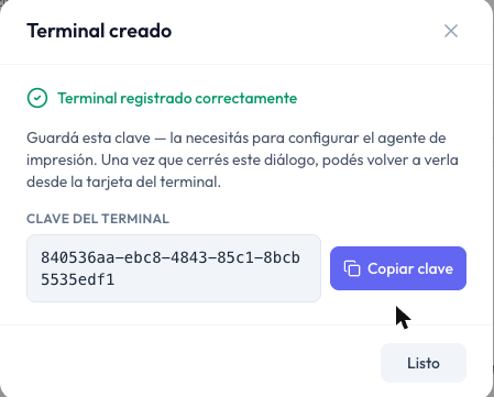 Ventana Terminal creado con la clave del terminal y el botón Copiar clave