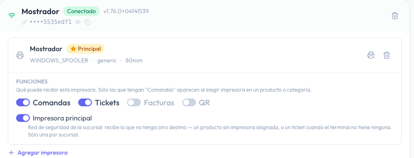 Impresora Mostrador marcada como Principal, con las funciones Comandas y Tickets prendidas