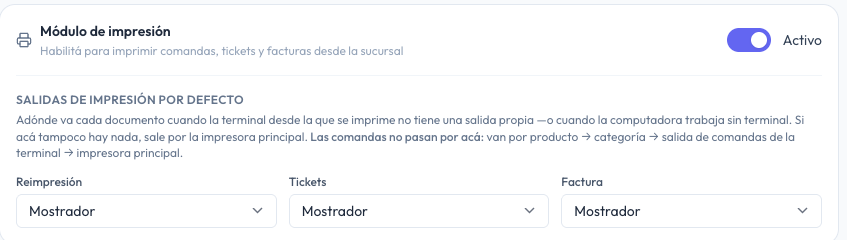 Salidas de impresión por defecto con Reimpresión, Tickets y Factura en la impresora Mostrador