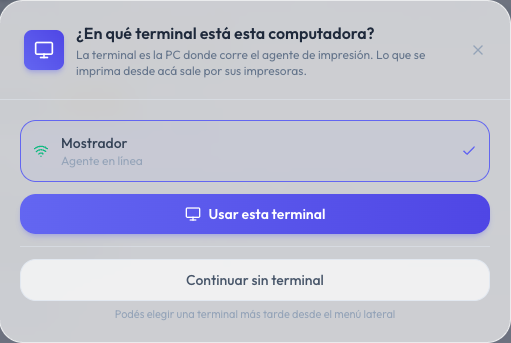 Ventana En qué terminal está esta computadora, con la terminal Mostrador elegida
