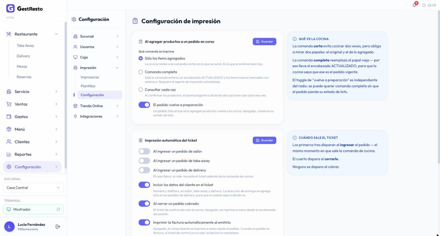 Pantalla Configuración de impresión con las opciones para pedidos en curso y la impresión automática del ticket