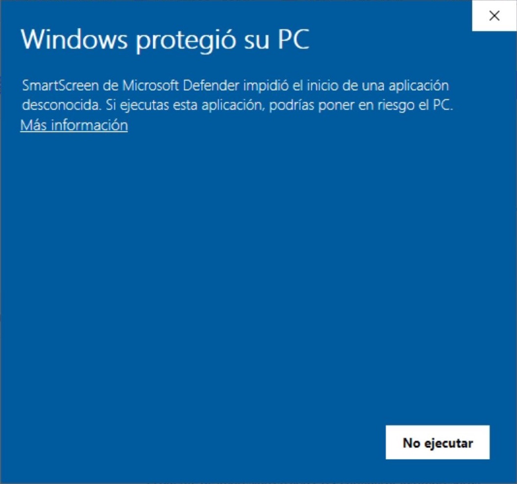 Aviso azul de Windows «Windows protegió su PC» con el enlace Más información y el botón No ejecutar