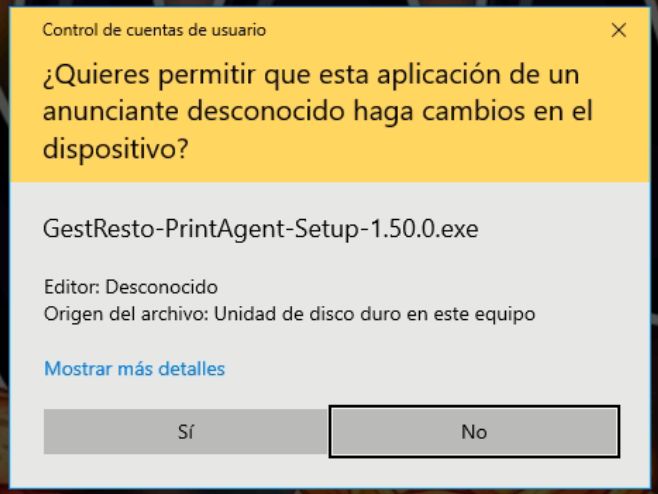 Ventana amarilla de Control de cuentas de usuario preguntando si se permite que GestResto-PrintAgent-Setup haga cambios, con los botones Sí y No