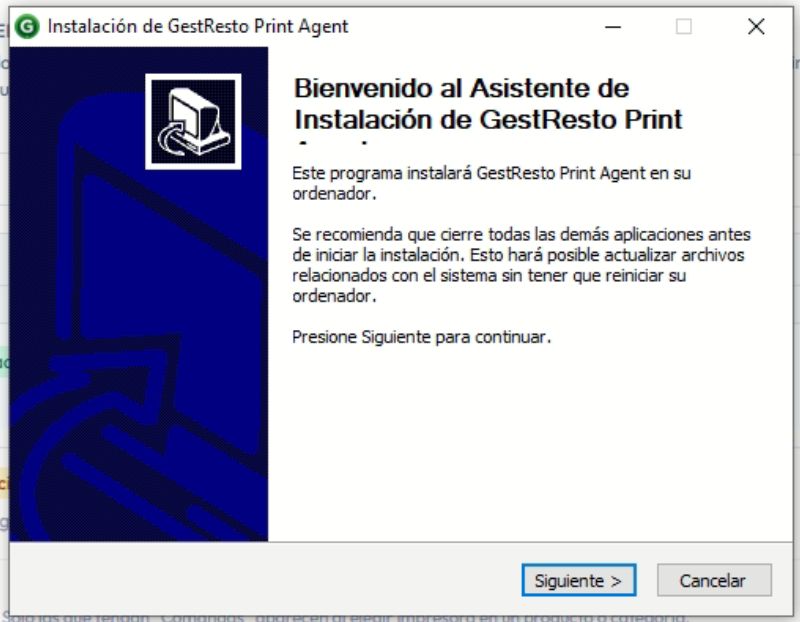 Asistente de instalación de GestResto Print Agent en la pantalla de bienvenida