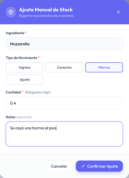 Ajuste Manual de Stock de la muzzarella, tipo Merma, 0,4 kg, con la nota Se cayó una horma al piso
