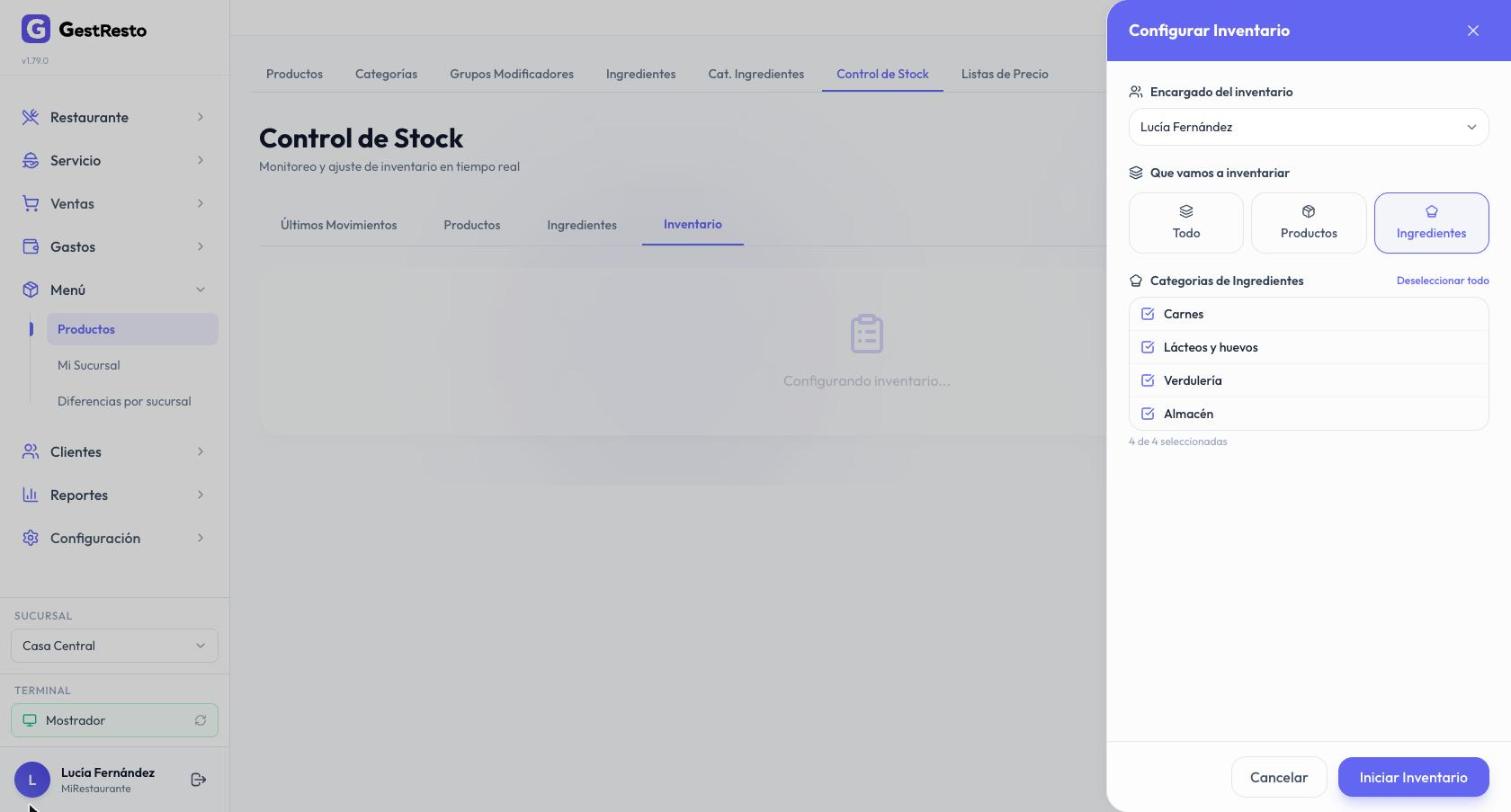 Panel Configurar Inventario con la encargada, el alcance Ingredientes y las cuatro categorías elegidas