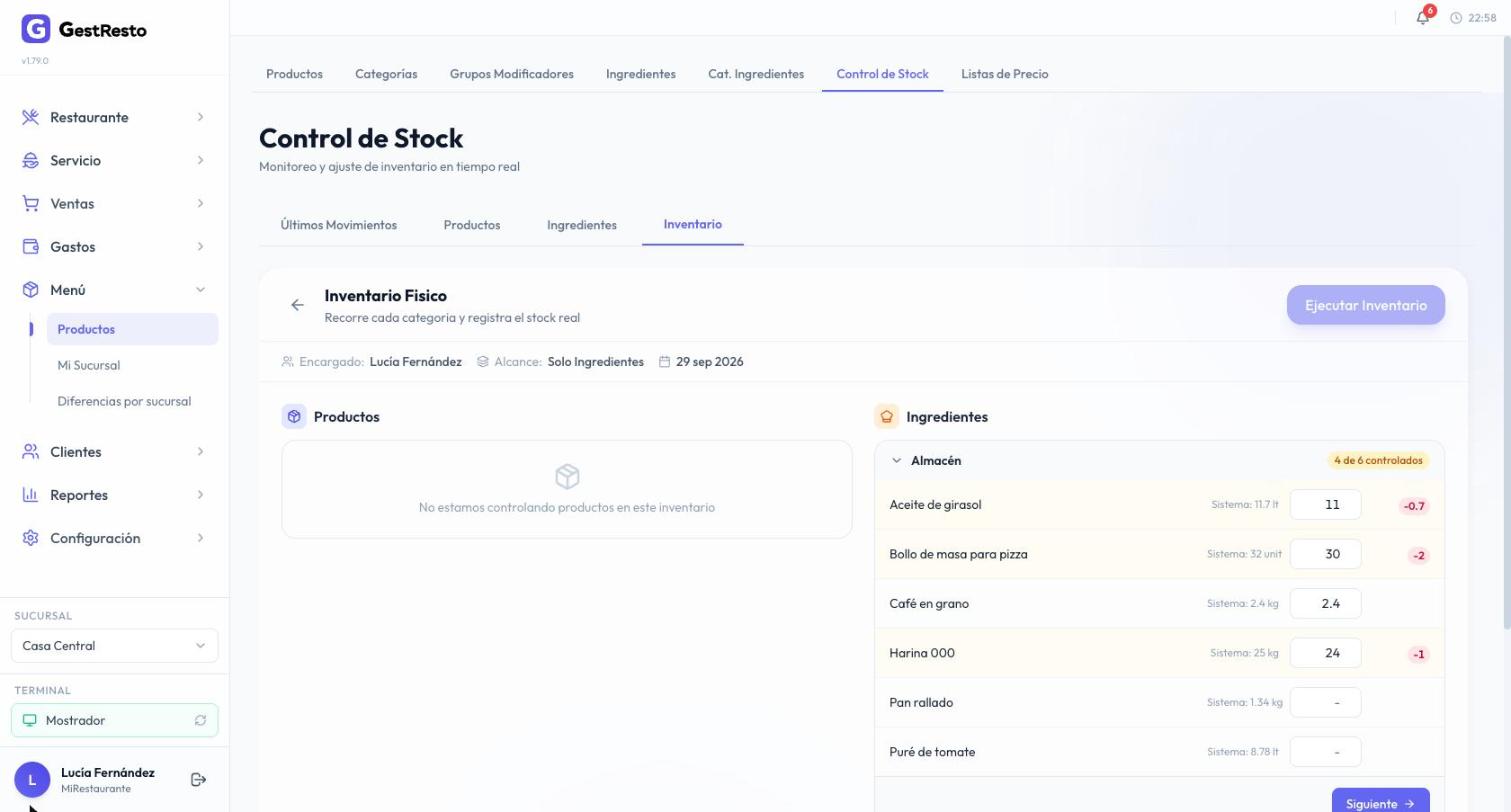 Inventario físico en curso: la categoría Almacén con el stock del sistema, lo contado y las diferencias