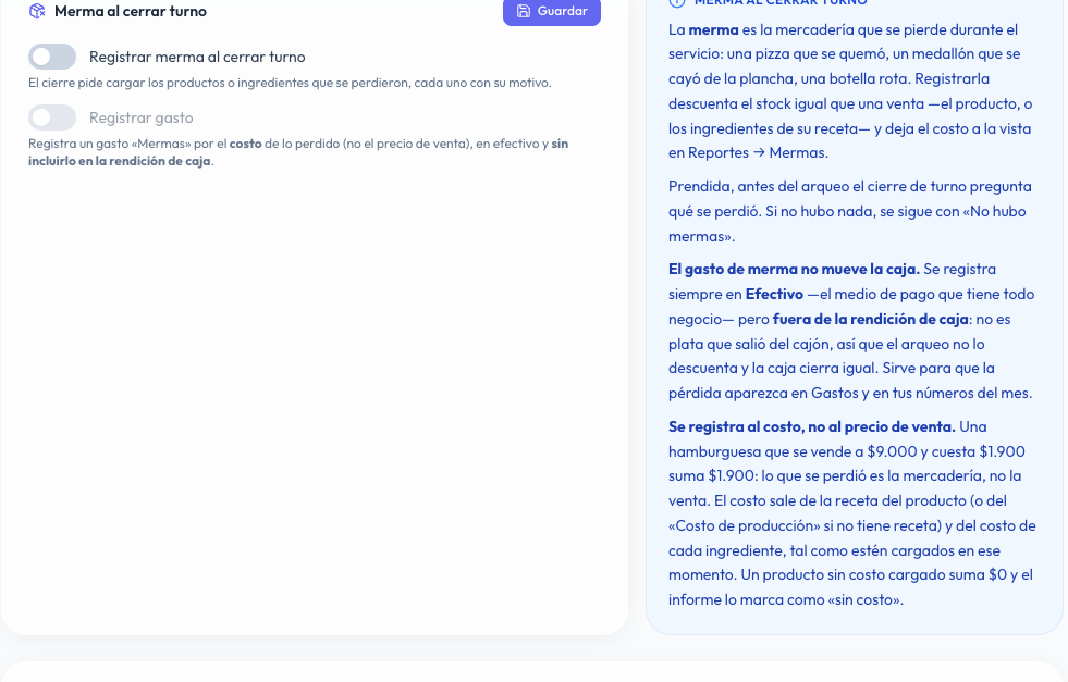 Bloque Merma al cerrar turno con las opciones Registrar merma al cerrar turno y Registrar gasto, y su explicación