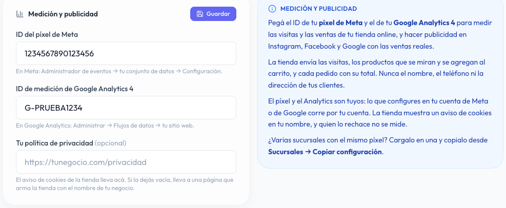 Sección Medición y publicidad de la configuración de la tienda: ID del píxel de Meta, ID de medición de Google Analytics 4 y política de privacidad opcional