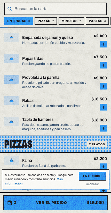 Tienda online en un teléfono con el aviso de cookies del negocio arriba de la barra Ver el pedido, con los botones Entendido y Rechazar