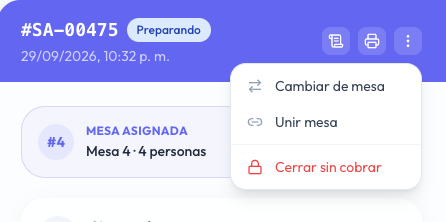 Menú del pedido con las opciones Cambiar de mesa, Unir mesa y Cerrar sin cobrar