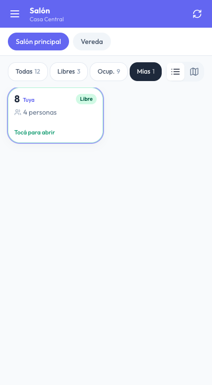POS Móvil con el filtro Mías: la mesa 8 marcada como Tuya