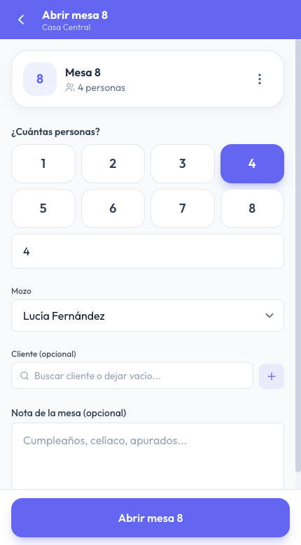 Abrir la mesa 8 desde el celular con la moza ya elegida