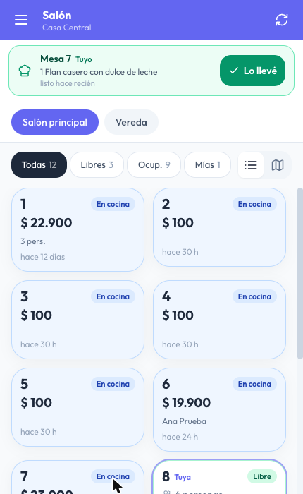 POS Móvil con el aviso arriba: Mesa 7, Tuyo, 1 flan casero, listo hace recién, y el botón Lo llevé