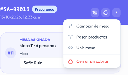 Menú del pedido de la mesa 11 con las opciones Cambiar de mesa, Pasar productos y Unir mesa