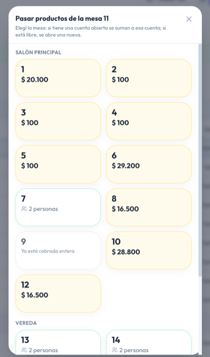 Selector de mesas: libres, ocupadas con su total, y la mesa 9 apagada con el texto Ya está cobrada entera
