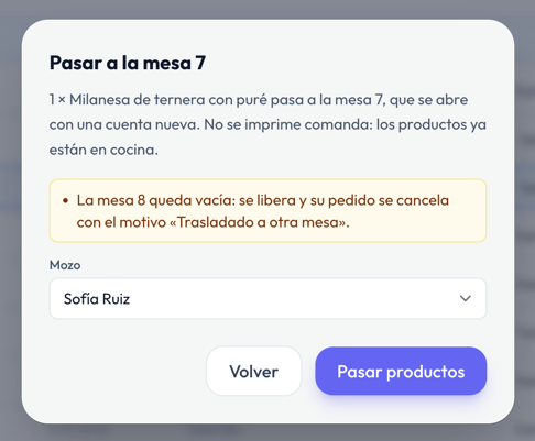 Confirmación a la mesa 7 libre: se abre una cuenta nueva, la mesa 8 queda vacía y se libera, y el selector de mozo